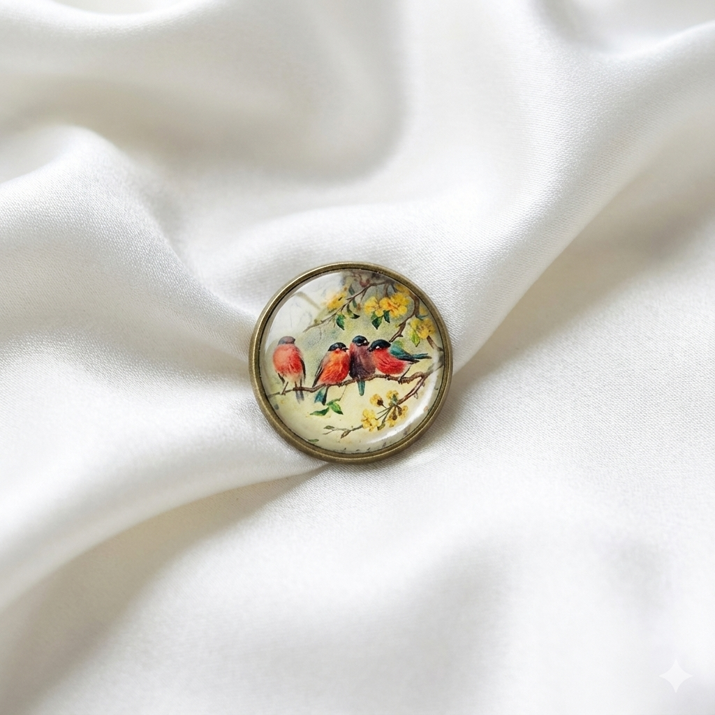 Вінтажна брошка-кабошон «Пташки на квітучій гілці»