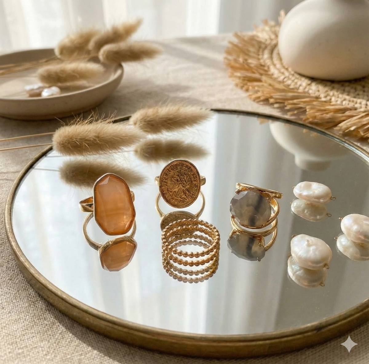 Набір трендових золотистих каблучок з камінням та монетою (5 шт)