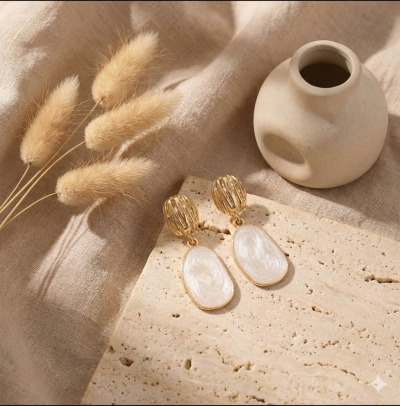Золотисті сережки з перламутровою підвіскою "Овальна елегантність"
