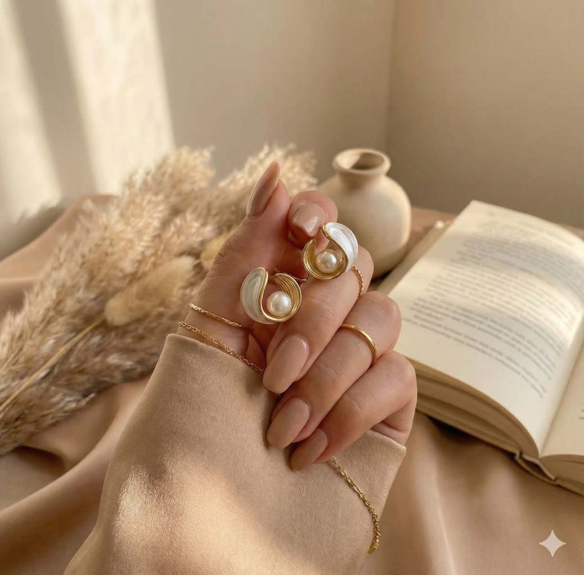 Сережки з перлиною та білою емаллю "Перлинна мушля"