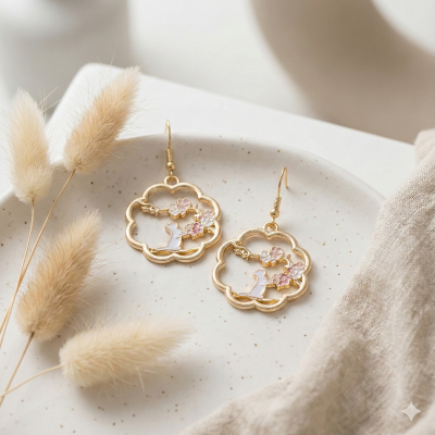 Ніжні сережки-підвіски «Котик та Сакура»