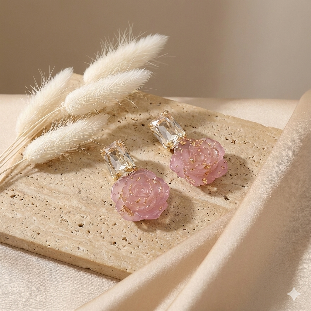 Вечірні сережки «Кришталева Троянда» з золотими пластівцями