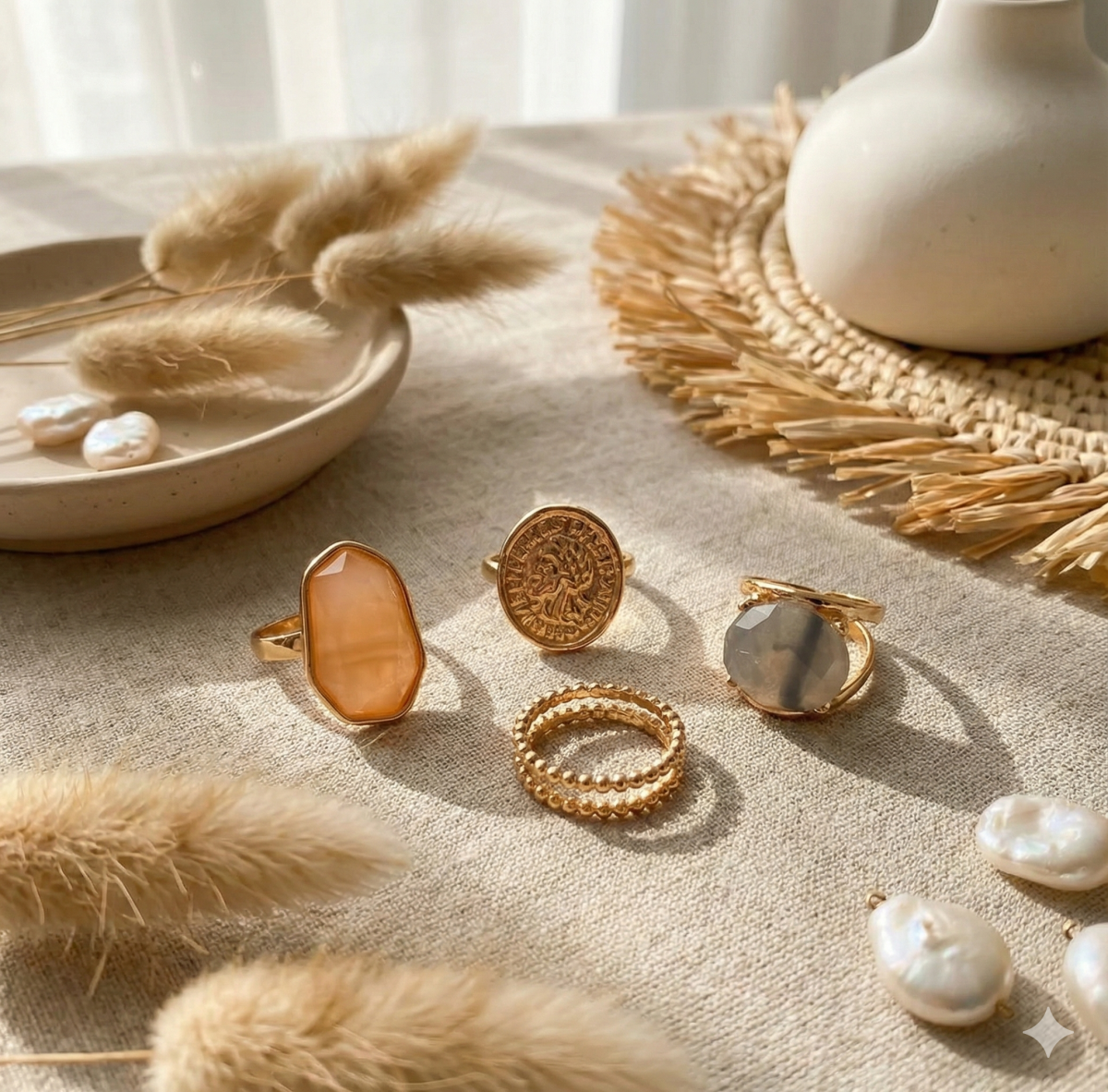 Набір трендових золотистих каблучок з камінням та монетою (5 шт)