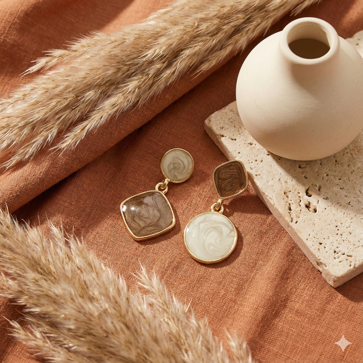 Асиметричні сережки з мармуровою емаллю "Кавова геометрія"