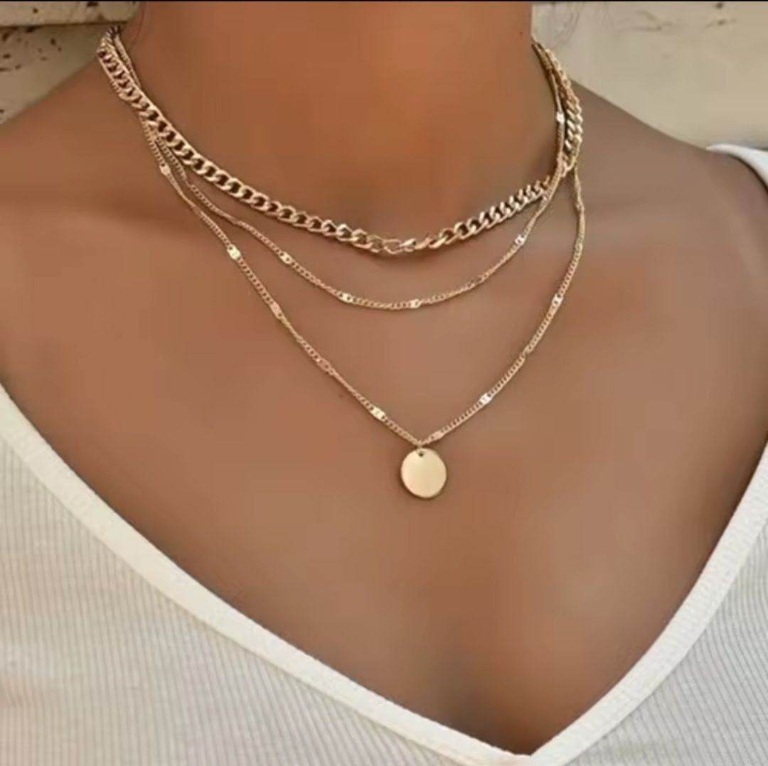 Трендове потрійне кольє-ланцюжок з підвіскою-монетою (колір золото)