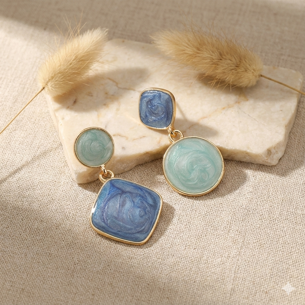 Асиметричні геометричні сережки з емаллю "Синя лагуна"