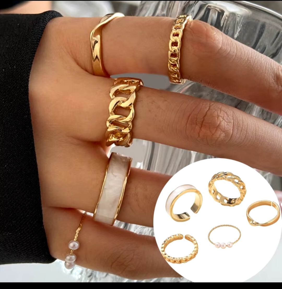 Набір золотистих каблучок 5 в 1 "Мармурова естетика": ланцюги, хвилі та перли